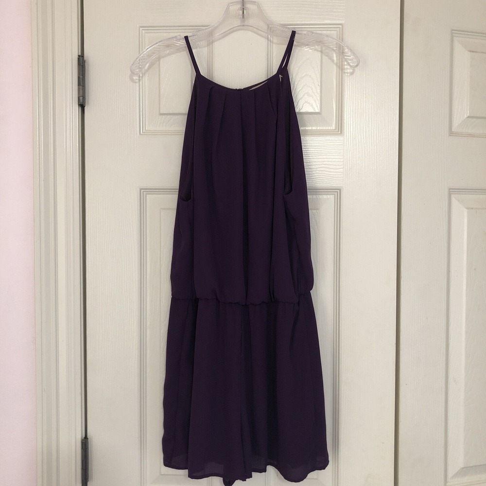 Deep Purple Chiffon High Neck Halter Romper Pleated Open Back Sleeveless Medium